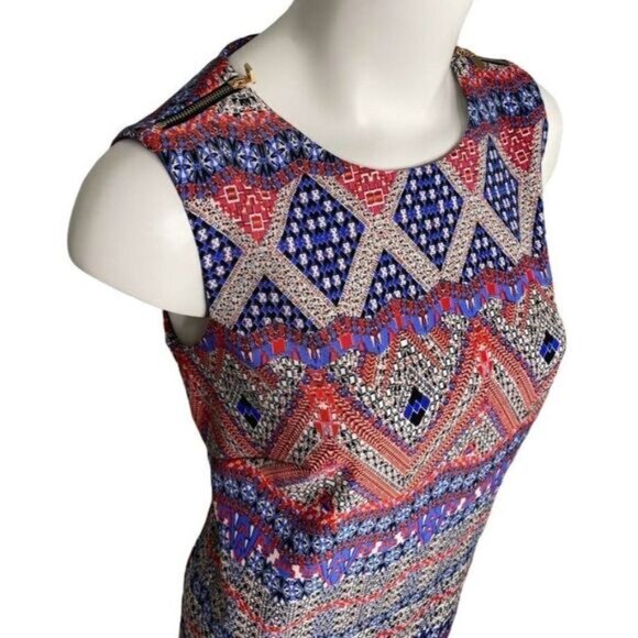 AB Studio Red White Blue Stretch Sheath Crew Neck Dress Sz 6 - Picture 2 of 8